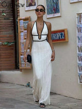 Classic Knit Halter Maxi Dress – Deep V-Neck Backless Bandage Gown