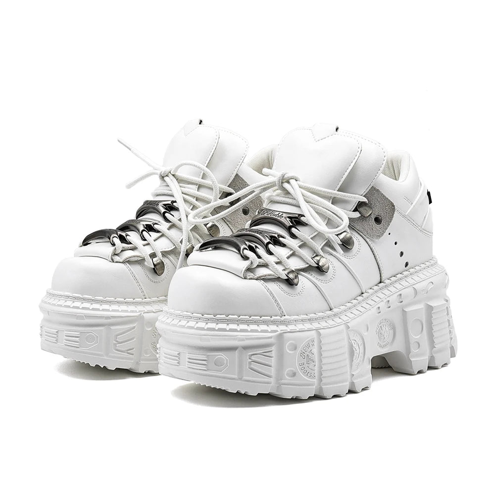 Women’s White Gothic Platform Punk Lace-Up Metal Decor Rock Boots