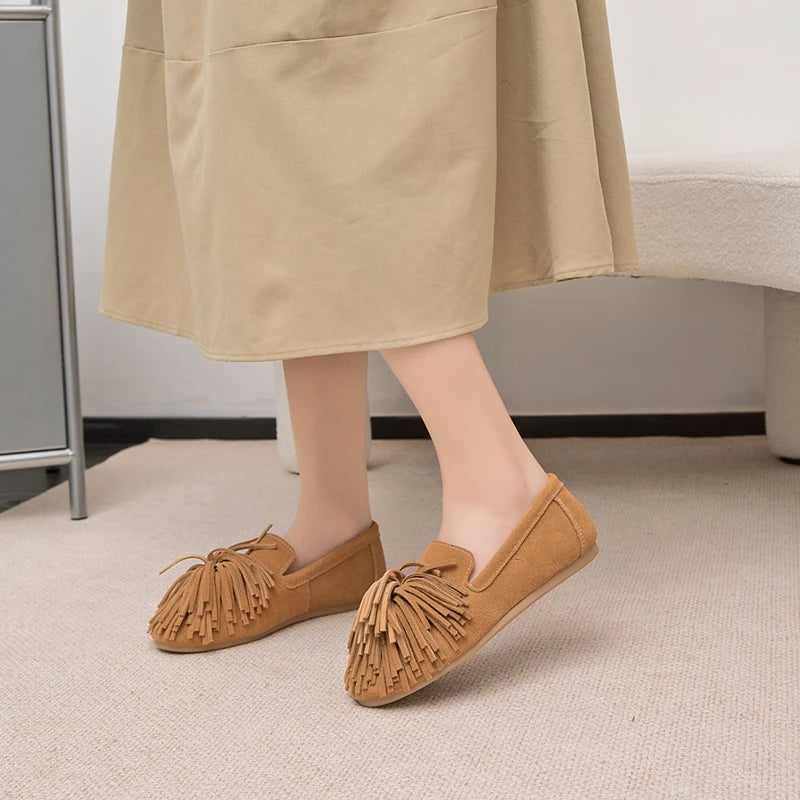 Women’s Genuine Leather Tassel Loafers – Retro Mary Jane Ballet Flats
