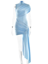 Women’s Sexy Irregular Round Neck Ribbon Detail Ruched Mini Dress