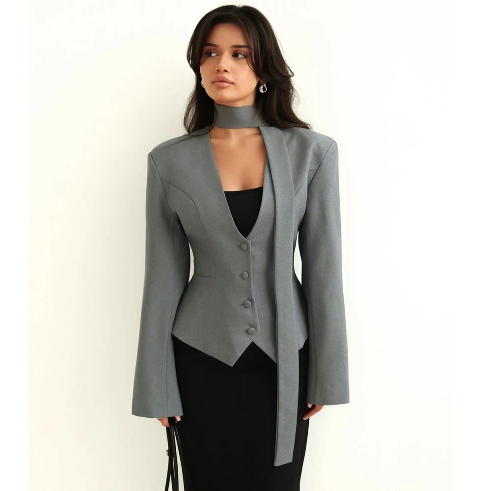 Women's Scarf-Neck Blazer Coat – Single-Breasted Waist-Cinching Jacket