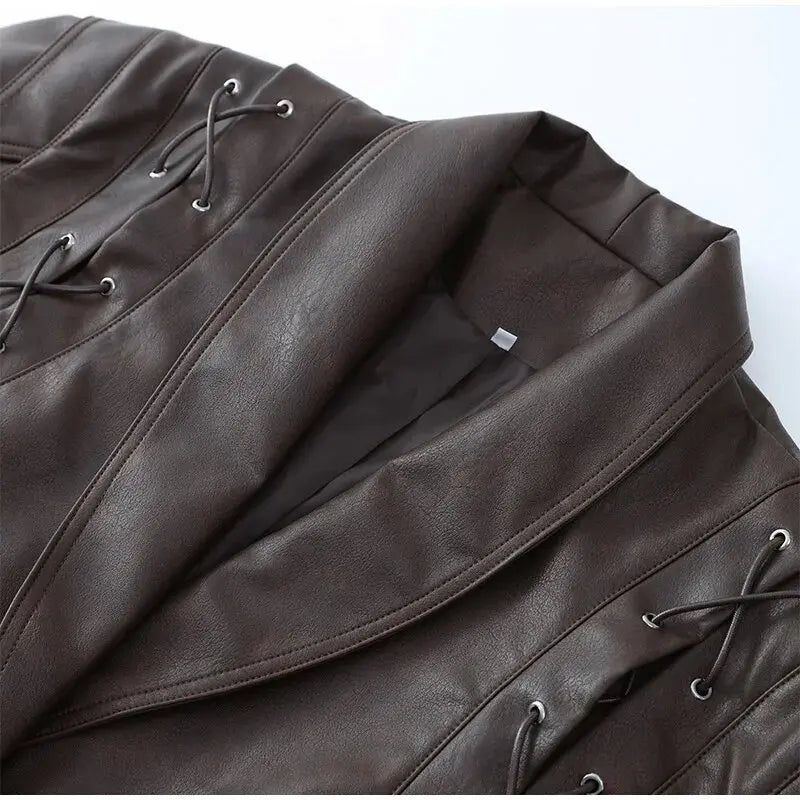 Women's Vintage Leather Jacket – Padded Shoulder High Waist Leather Coat with Belt