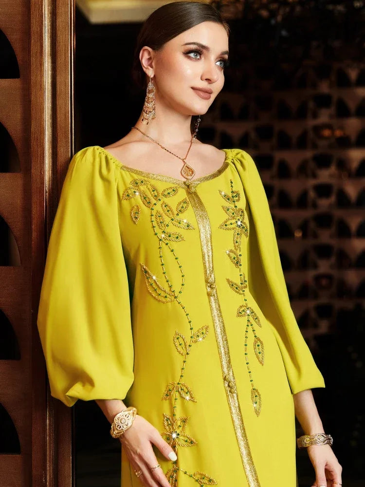 Muslim Dress Caftan with Embroidery – Lantern Sleeve Bandage Dress