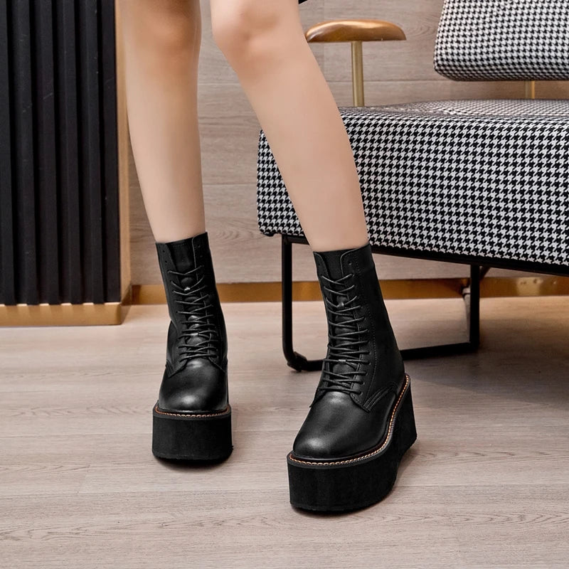 Damen-Stiefeletten aus echtem Leder – Kurzschaftstiefel mit Plateauabsatz