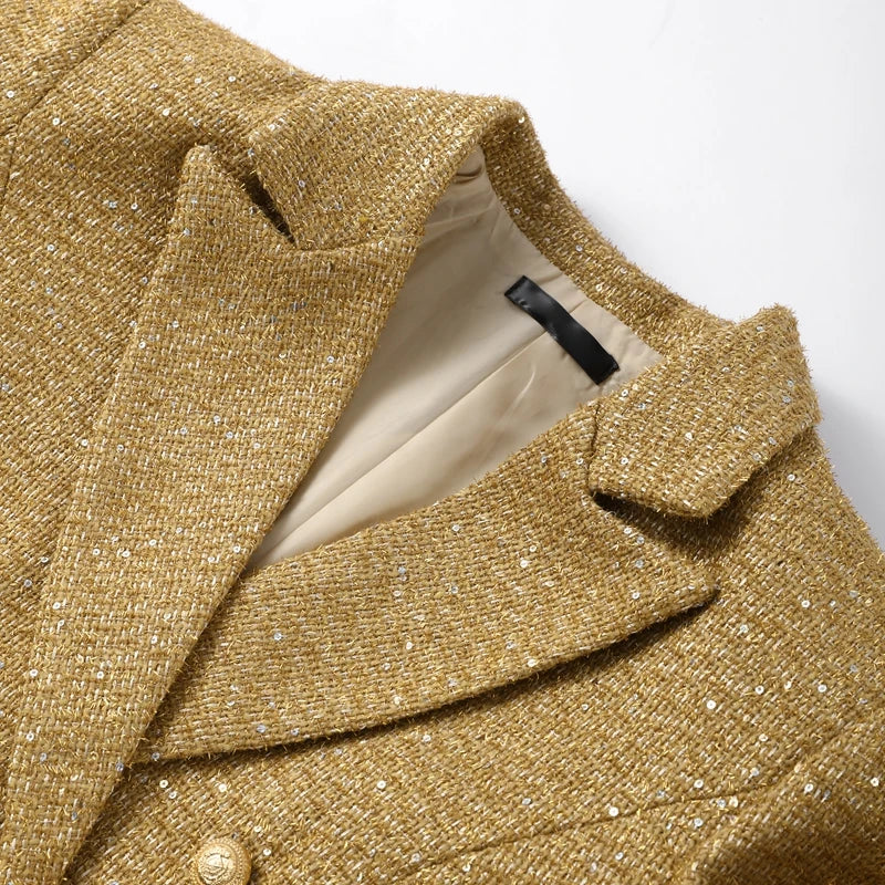 Women's Golden Sequin Blazer - Elegant V-Neck Double Breasted Evening Jacket, Slim Fit Formal Party Outerwear
