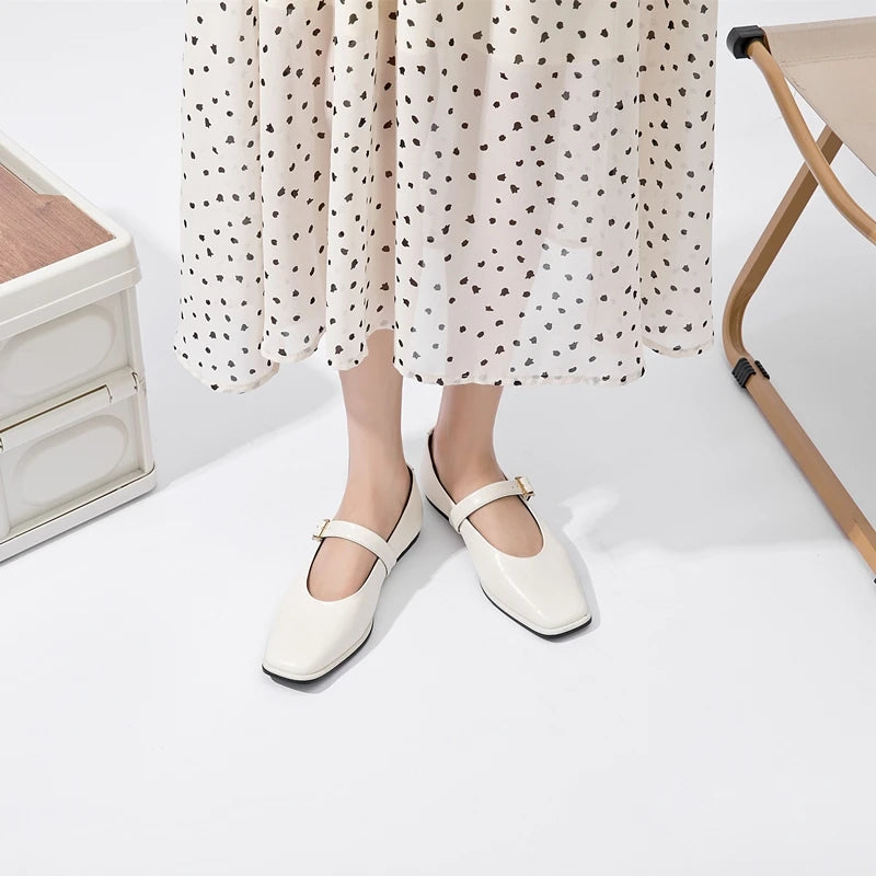 Women’s Genuine Leather Mary Jane Shoes – Square Toe Ballet Flats