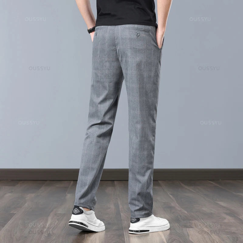Klassische Herren-Arbeitshose mit Karomuster – Slim Fit Stretch-Businesshose