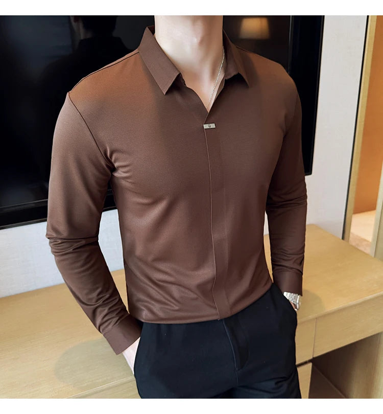 Men’s High Elastic V-neck POLO Shirt – Non-marking Seamless Long Sleeve T-shirt