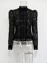 Elegant Printed Lace Hollow Out Commute Top– Women’s Vintage See-Through Summer Shirt