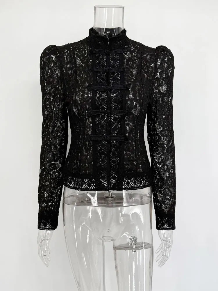 Elegant Printed Lace Hollow Out Commute Top– Women’s Vintage See-Through Summer Shirt
