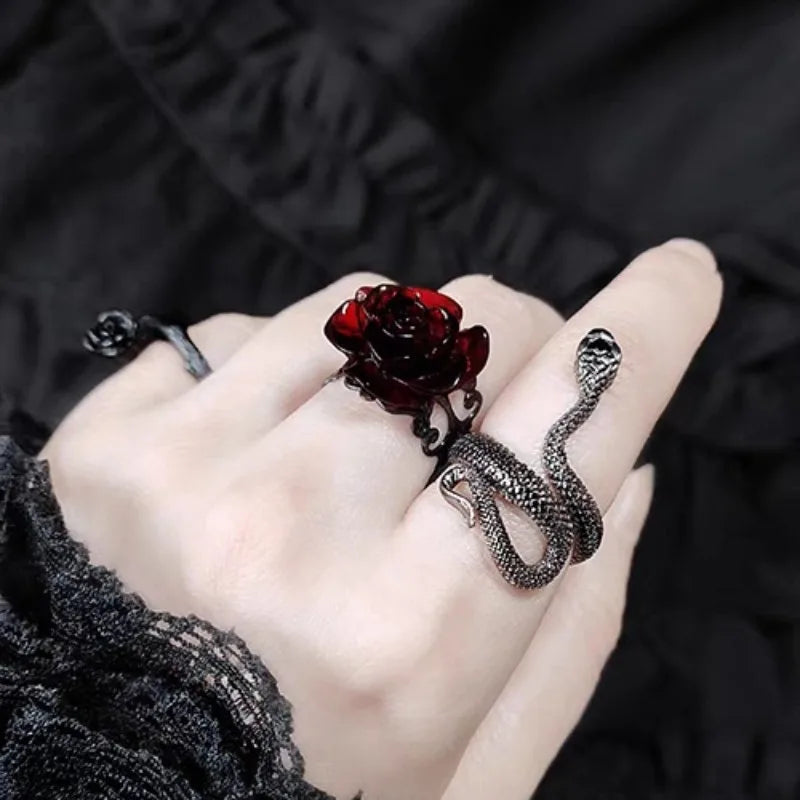 Retro Goth Red Rose Ring for Women – Punk Personality Flower Finger Ring