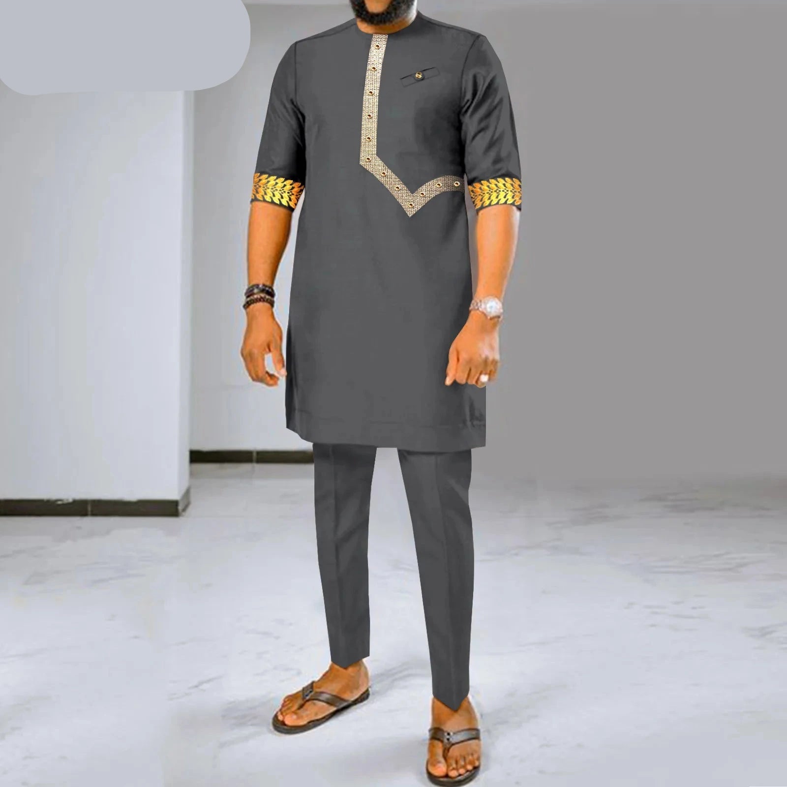 Herren Dashiki besticktes Kurzarmhemd und Ankara-Hosen-Set