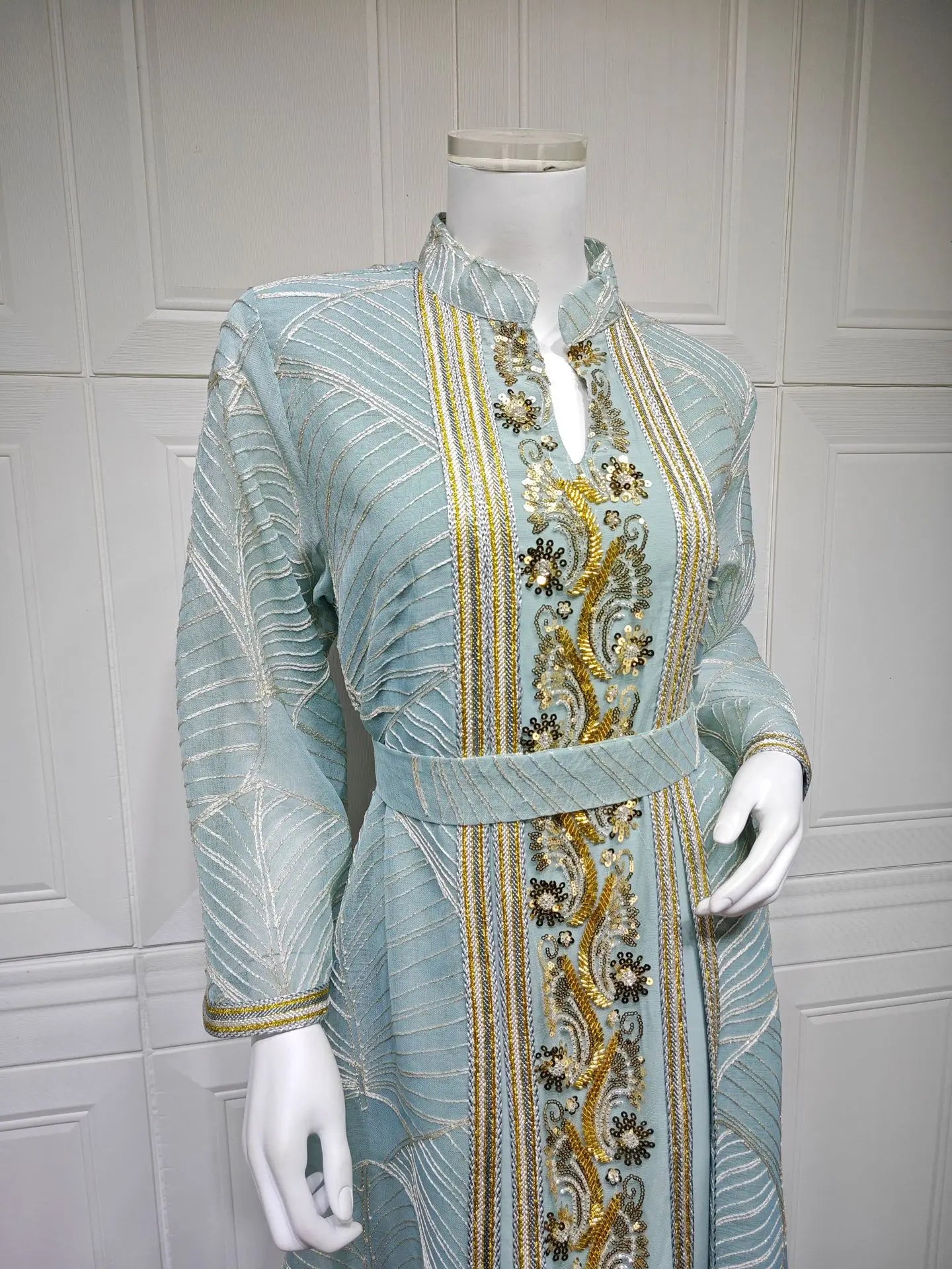 Women’s Mesh Sequin Abaya Dress | Elegant Embroidered Eid Party Gown