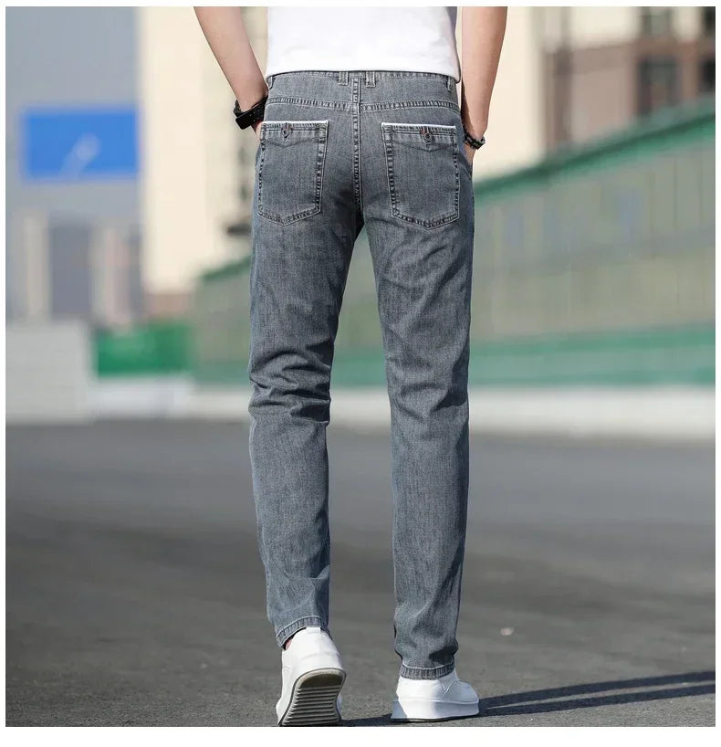 Men’s Summer Loose Stretch Gray & Light Blue Straight-Leg Denim Jeans