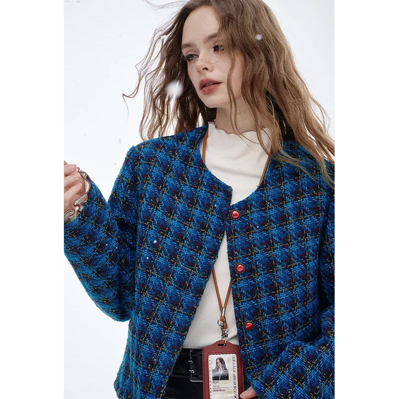 Navy Checked Short Jacket for Women: Vintage Y2K Style - New Winter Arrival