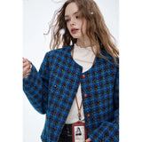 Navy Checked Short Jacket for Women: Vintage Y2K Style - New Winter Arrival