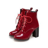 Women’s Patent Leather Ankle Boots – Winter Block High Heel Short Boots