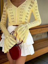 Knitwear Hollow Out Women’s V-Neck Long Sleeve See-Through Cropped Top