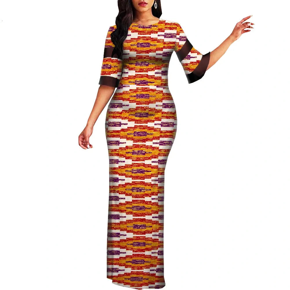 Damen Maxi Bodycon-Kleid mit halbem Ärmel und afrikanischem Dashiki-Print