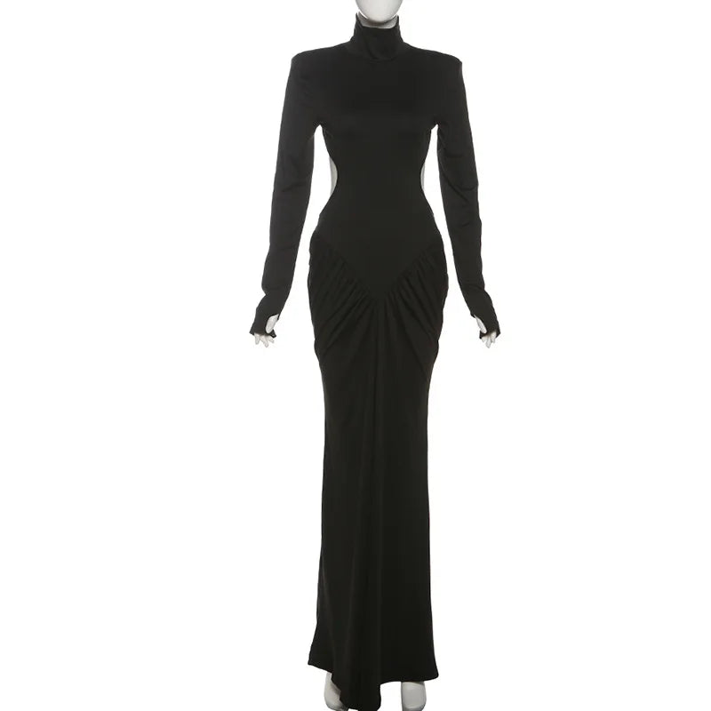 Sexy rückenfreies Rollkragen-Maxikleid – Damen Abendkleid Langarm Party