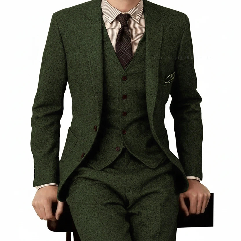 Herren 3-teiliger Tweed-Anzug – Slim Fit Business-Anzug, Gentleman Hochzeitsanzug Blazer, Weste & Hose