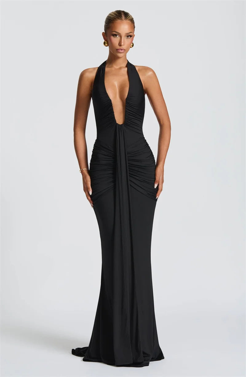 Sexy Deep V-Neck Draped Maxi Dress – Women’s Summer Halter Backless Long Dress