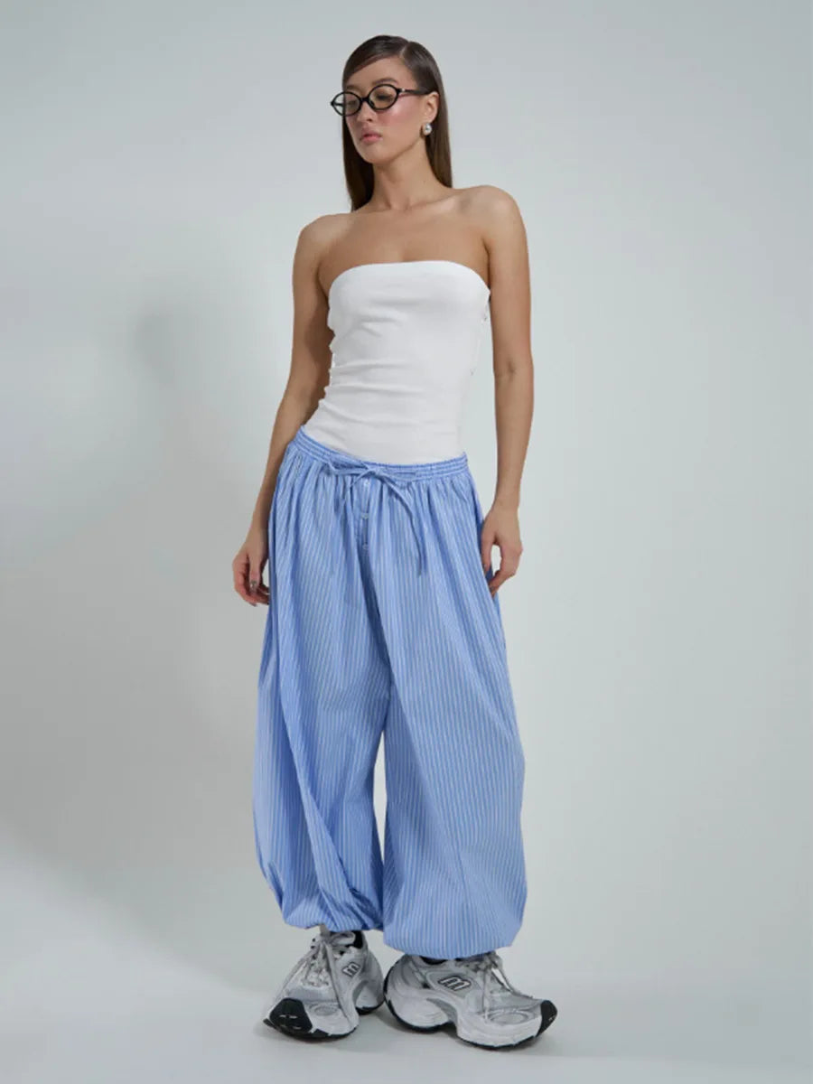 Striped Lace-Up Casual Women's Pants – Patchwork Loose Streetwear Trousers