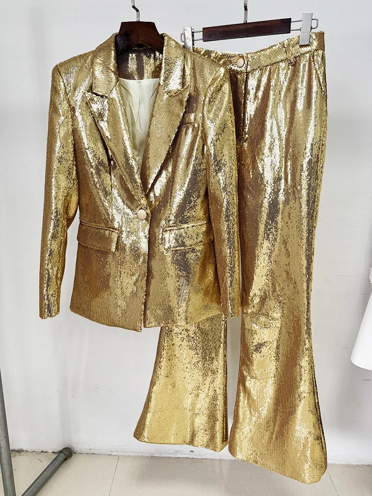 Damen Glitzerndes Pailletten-Anzug-Set – Slim Fit 2-teiliger Party-Anzug – Funkelnder Abendblazer & Hose