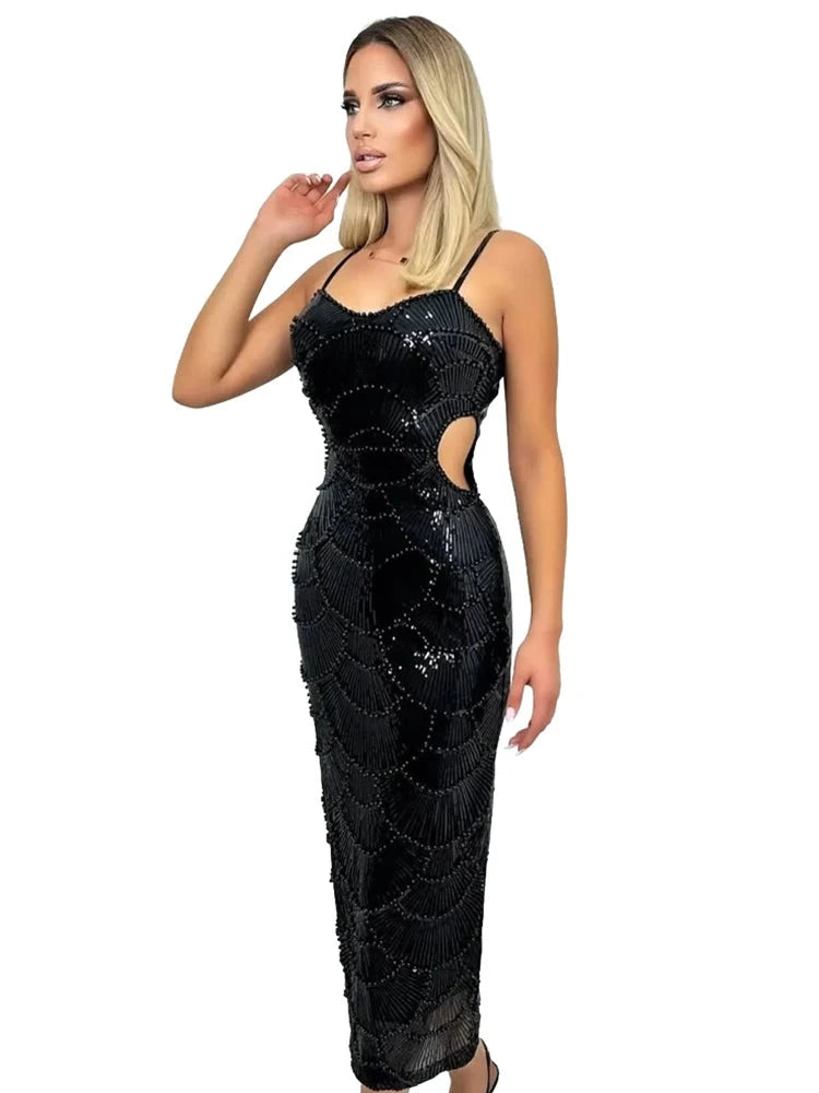 Sequin Hollow Out Mermaid Evening Gown – Elegant Backless Spaghetti Strap Dress