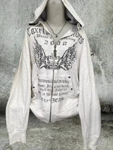 Damen Weißer Amerikanischer Retro-Kapuzenpullover mit Print – Y2K Harajuku Reißverschluss-Sweatshirt