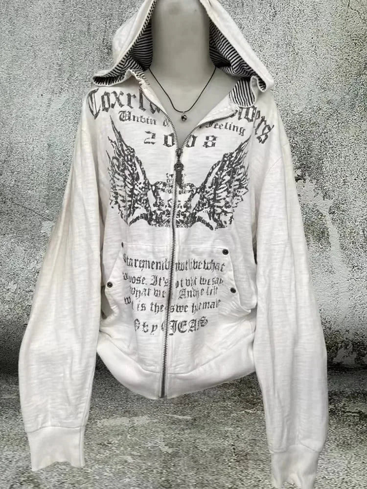 Damen Weißer Amerikanischer Retro-Kapuzenpullover mit Print – Y2K Harajuku Reißverschluss-Sweatshirt