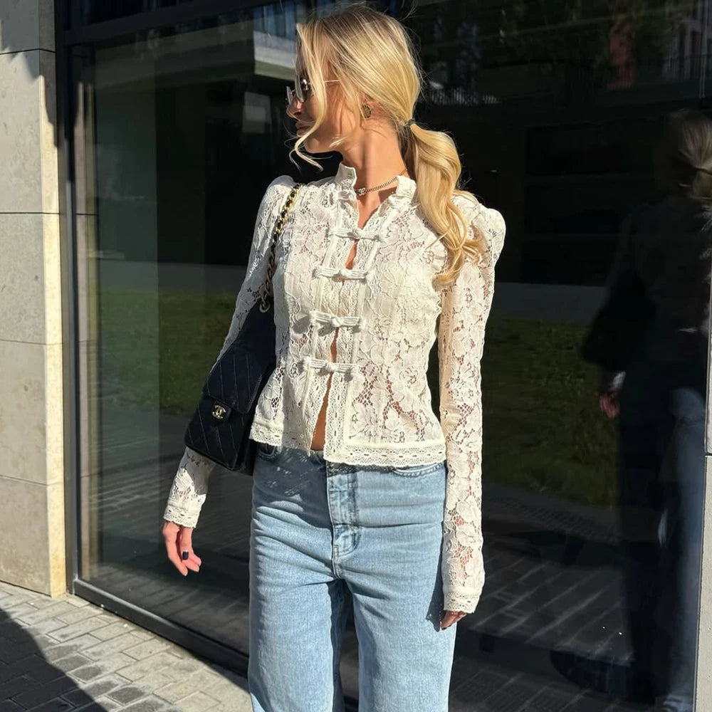 Luxuriöse Spitzenbluse mit Print – Vintage-Hemd für Damen, einreihig, schmal geschnitten, elegantes Langarm-Partytop