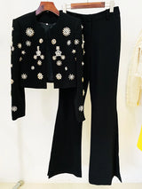 Damenjacke mit Perlenbesatz & ausgestellte Hose mit Schlitz | Designer-Kostümset mit Perlen & Strass
