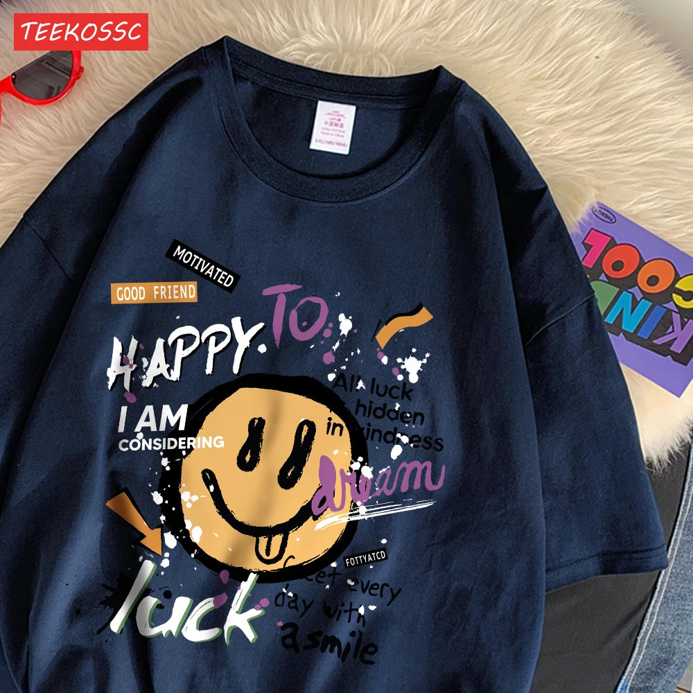 Cute Smiling Face Graffiti T-Shirt - Women's Fun Graphic Cotton Tee