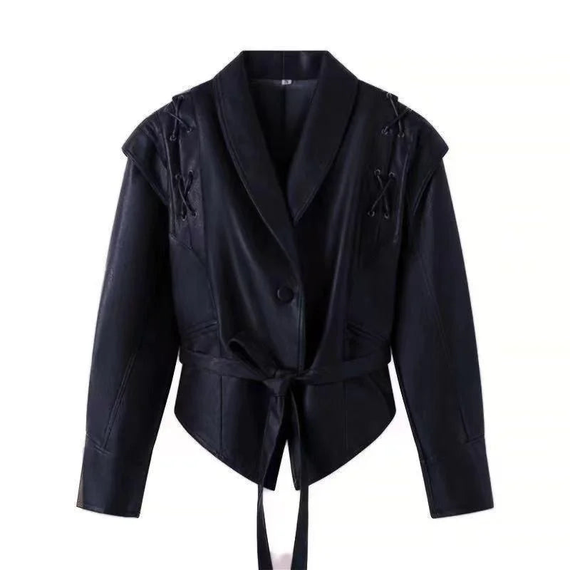 Women's Vintage Leather Jacket – Padded Shoulder High Waist Leather Coat with Belt