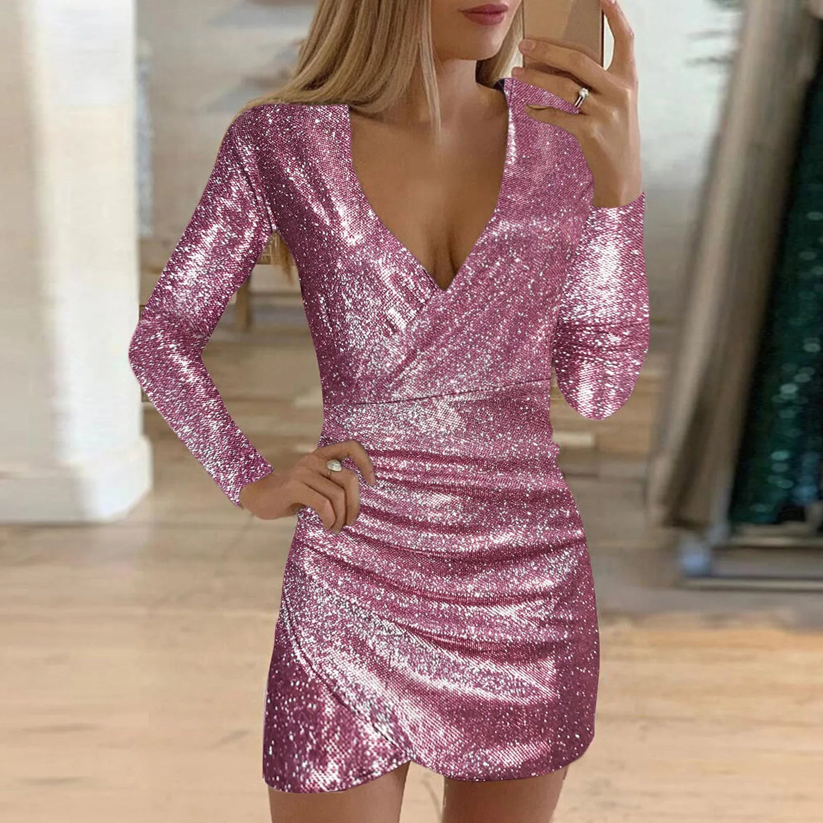 Sexy Pailletten-V-Ausschnitt Bodycon-Kleid für Damen – elegantes durchsichtiges Netzstoff-Minikleid mit langen Ärmeln