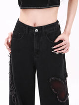 Damen Harajuku Y2K Baggy Jeans | Ästhetische Jeanshose mit Schmetterlings-Print