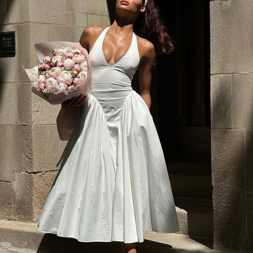 Women’s Sexy Backless Deep V-Neck Maxi Dress – Spliced Halter Sleeveless Dress