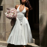 Women’s Sexy Backless Deep V-Neck Maxi Dress – Spliced Halter Sleeveless Dress