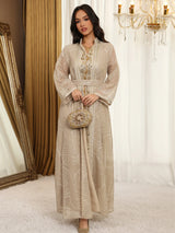 Women’s Mesh Sequin Abaya Dress | Elegant Embroidered Eid Party Gown