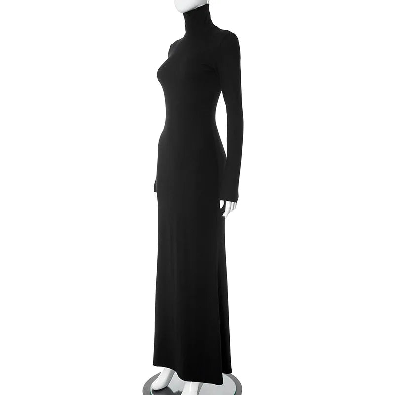 Herbst-Winter-Rollkragen-Maxikleid – Elegantes langes Etuikleid in Schwarz