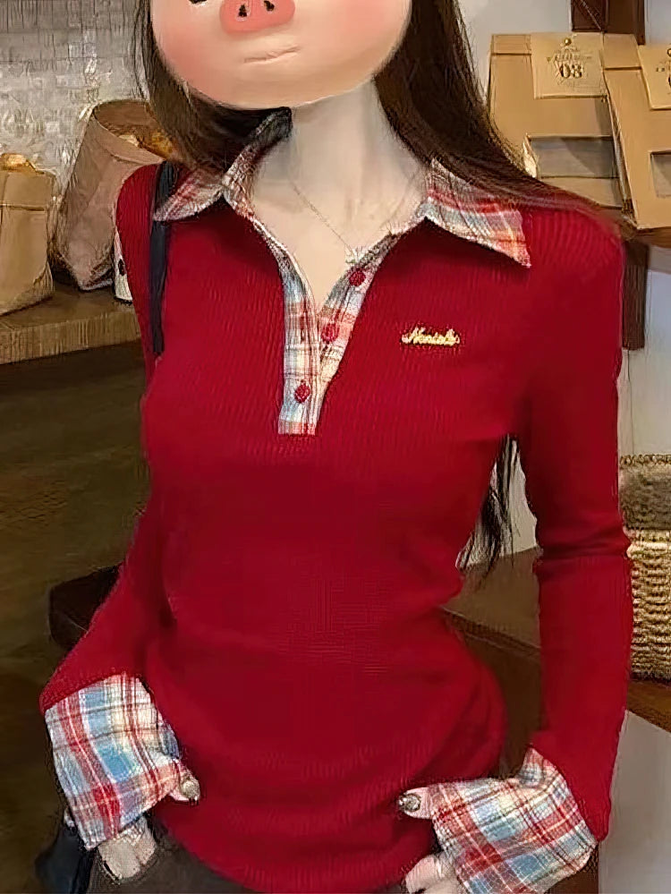 Women’s Preppy Plaid Knit Top – False Two-Piece Polo Neck T-Shirt