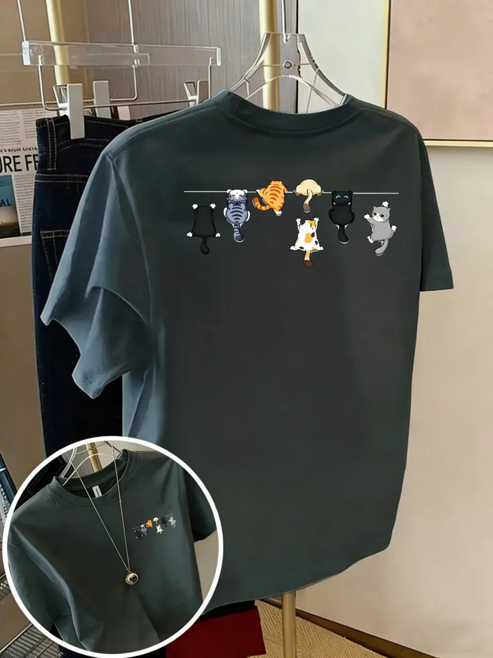 Women's Oversized Cotton Cartoon Cat Print T-Shirt
