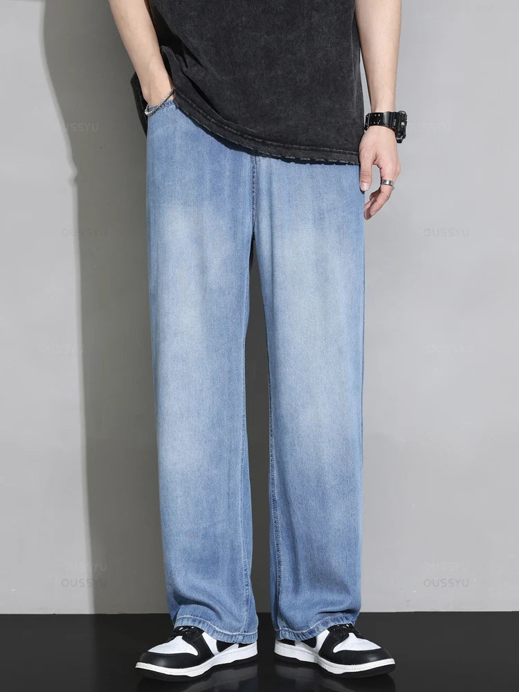 Men’s 100% Lyocell Elastic Waist Loose Straight Summer Jeans – High Quality Ultra-Soft Denim