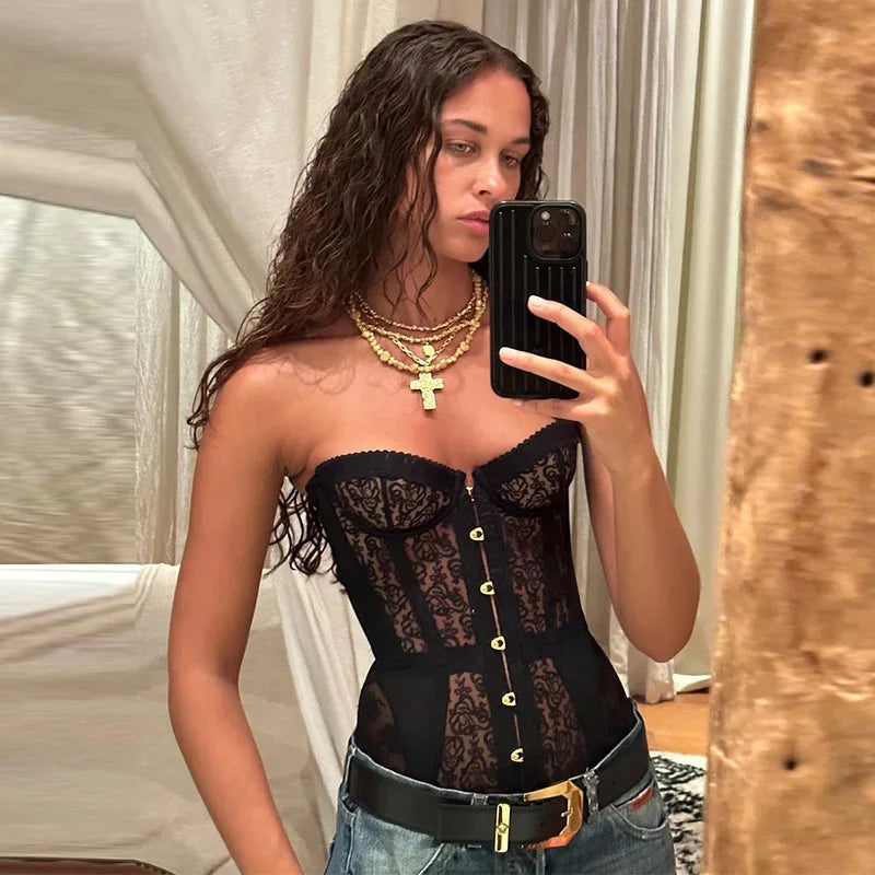 Women’s Summer Sexy Lace Corset Top | Sheer Mesh Bustier Bandeau