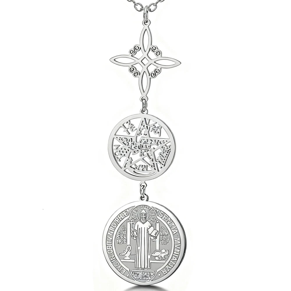 Dreifach-Schutz-Halskette für Frauen & Männer | Edelstahl Hexenknoten, Pentagramm & Tetragrammaton Anhänger