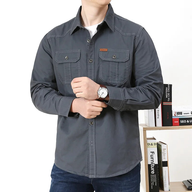 Men’s Pure Cotton Loose Fit Long Sleeve Tooling Cargo Shirt