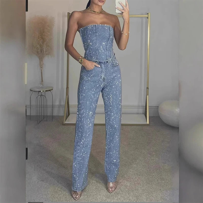 Damen sexy glänzendes Pailletten-Zweiteiler-Set – trägerloses Bandeau-Crop-Top & hochtaillierte Skinny-Hose