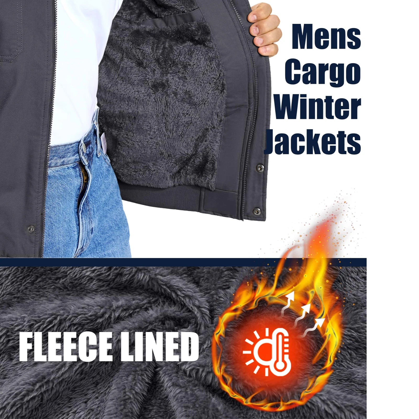 Men's Winter Fleece Bomber Jacket– Multi-Pocket Motorcycle Jacket with Stand Collar