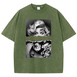 T-Shirt mit Porträt im europäischen Stil – Vintage-Baumwoll-T-Shirt für Damen mit Waschung